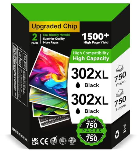 Tinta 302 XL Negro - 2X 750+ Páginas, Reemplazo para Cartuchos HP 302 Negro, Tinta Impresora 302XL Compatible con HP Envy 4520 4527 4524 4523, DeskJet 3630 3636 3639, OfficeJet 4650 3830 3831 3832