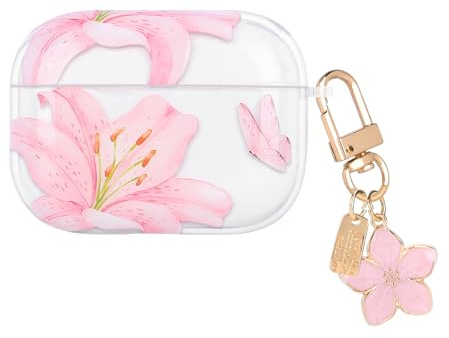 DiyGody Schutzhülle Kompatibel mit AirPods Pro 3 mit Schlüsselanhänger, TPU Schutzhülle mit Blume Hübsch Muster für Frauen, Stoßfeste Anti-Rutsch Anti-Staub Kein Geruch Hülle, Rosa Lilie