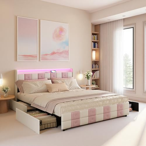 Zorvani Letto imbottito 160 x 200 cm, letto matrimoniale con 4 cassetti e illuminazione a LED, letto funzionale con testiera e doghe stabili, in velluto Nessun materasso