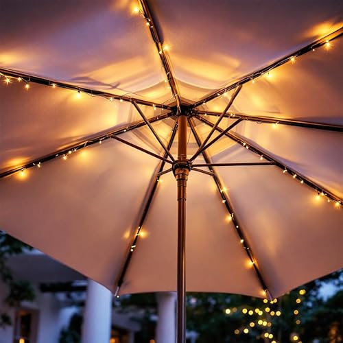 Solar Sonnenschirm Beleuchtung 72 LED warm weiß 8x 1,2 m | Garten Deko Lichterkette, Solarbetrieben, 6 Stunden Leuchtdauer, Outdoor Camping Pavillon, Dekobeleuchtung für Außen