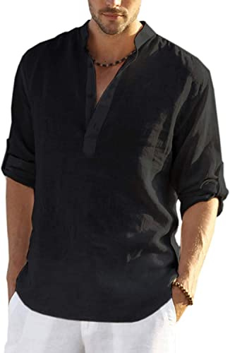 COOFANDY Mens Shirt Long Sleeve Henley Shirt Linen Shirts Cotton Casual Regular Fit Summer Shirts