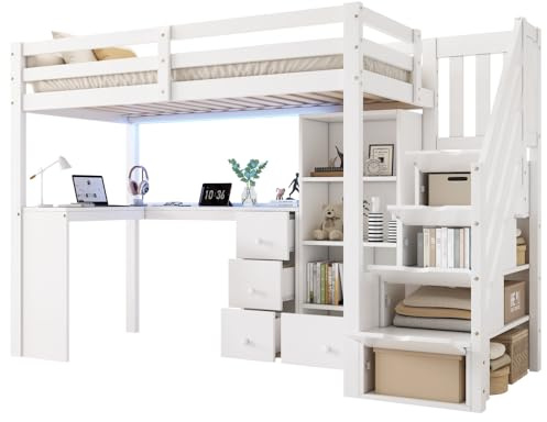 I0I&I0I Brandless 3ft Single Loft Bed With Desk And Stairs L Shaped Desk RGB LED Storage Drawers Locker Space Saving Design