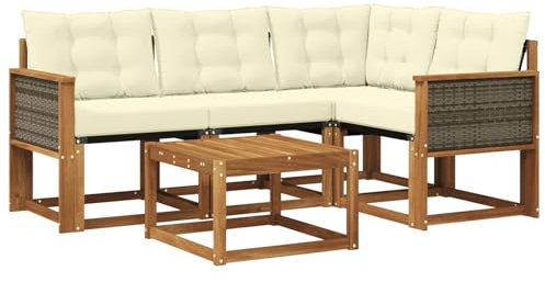vidaXL Outdoor-Sofagarnitur mit Kissen 5 pcs Natur und Creme, Garten-Sofa, Moderne Außenmöbel, langlebige Sitzgruppe, Bequeme Lounge, Akazien-Sitze, Entspannung im Garten