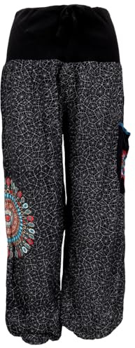 GURU SHOP Weite Pluderhose mit Breitem Bund, Mandalastickerei - Schwarz/grau, Damen, Size:L/XL