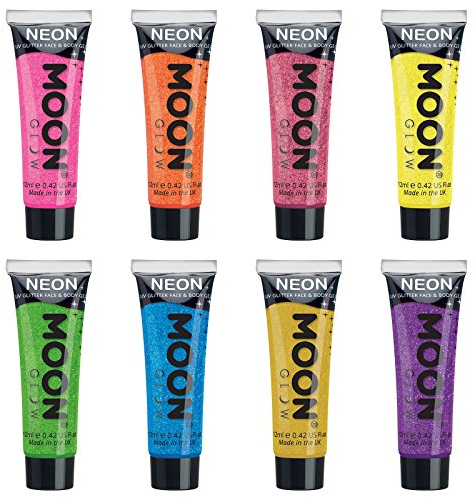 Moon Glow, Neon-UV-Glitzergel für Gesicht und Körper, leuchtet hell unter UV-Strahlung (12 ml (8er-Pack))