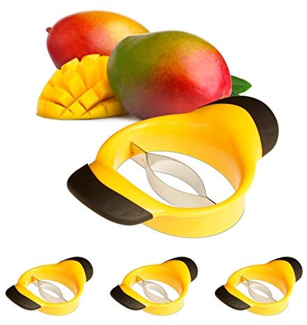 Relaxdays Set de 4 cortadores de Mangos, Descorazonador, Mango Antideslizante, Cuchilla de Acero INOX, Negro-Amarillo