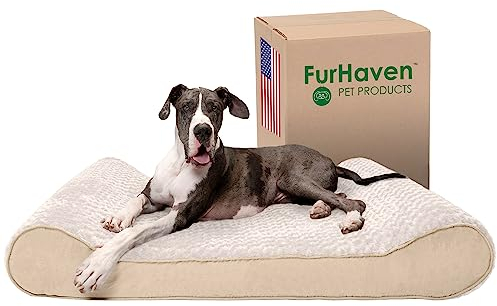FurHaven Orthopädisches Hundebett für extra große Hunde mit abnehmbarem, waschbarem Bezug, für Hunde bis zu 81,6 kg, ultraweiches Kunstfell und Wildleder, luxuriöse Liegematratze, cremefarben,
