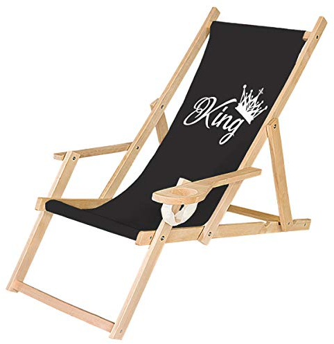 Ferocity Holz-Liegestuhl Klappbar Klappliegestuhl mit Armlehne und Getränkehalter Strandstuhl Motiv Schwarz King [119]