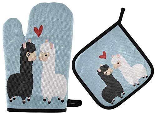 QMIN Topflappen Set Alpaka Lama Tier Liebe Hitzebeständige Küche Backofen Handschuhe Hot Pads Kits für BBQ Kochen Backen Grillen Pfannen