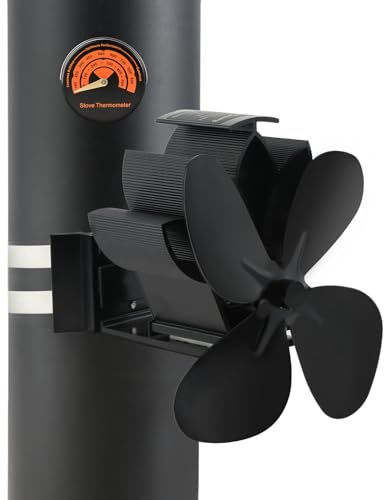 gohantee Wärmebetriebener Ofenventilator mit 4 Flügeln, Rauchrohr, hängender Kamin-Ventilator für Holzscheite, Brenner, Kamin umweltfreundlich, effizient, Holzofenventilator mit Thermometer