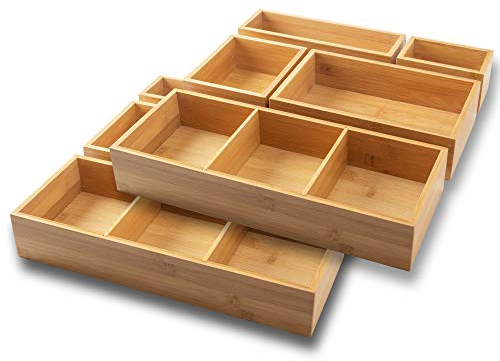 itena® Bambus Schubladen Organizer mit herausnehmbaren Trennwänden I 10-teiliger Schreibtisch-Organizer I innovatives Schubladen-Ordnungssystem für Büro, Küche und Bad I Doppelpack (37,5x37,5x6,35cm)
