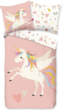Aminata kids Einhorn Bettwäsche 135x200 Unicorn-Motiv Mädchen Baumwolle Kinder-Bettwäsche-Set mit Reißverschluss rosa