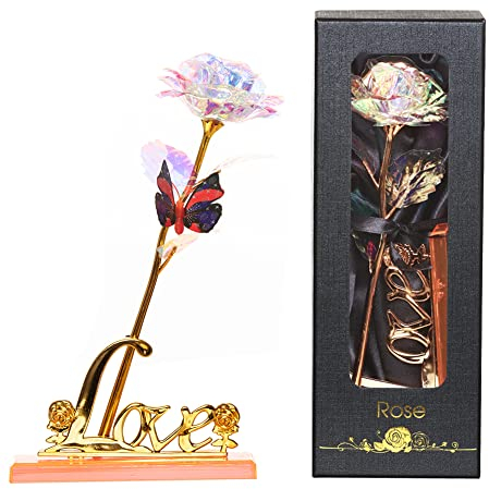 Bunte Blumengeschenke für Frauen, Regenbogen-künstliche Rose mit Liebesständer, einzigartiges Geschenk für Muttertag, Geburtstag, Hochzeitstag, Rosen-Geschenk für Frauen, Ehefrau, Tochter, Freundin