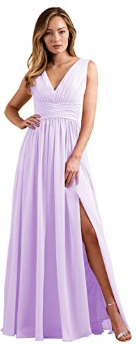 N/ C V cuello largo vestidos de dama de honor con hendidura gasa una línea plisada vestidos de baile con bolsillos C008, Lila, 38