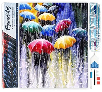 Figured'Art Diamond Painting Erwachsene 40x50cm Ganze Leinwand gerollt Regenschirme im Regen 5D Bilder Eckige Steine - DIY Set Basteln