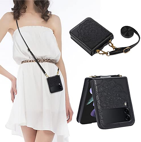Shinyzone Kompatibel mit Samsung Galaxy Z Flip 4 5G 2022 Hülle mit Kette,Galaxy Z Flip 4 Lederhülle mit Kordel zum Umhängen Abnehmbar,Premium PU Mandala Blume Klappbare Handyhülle,Schwarz