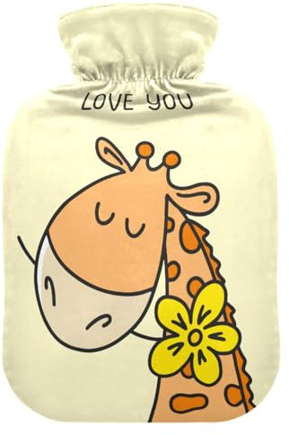 Hot Water Bottle, 1L Small Hot Water Bag with Soft Plush Warmer Cover Animal Giraffe, Leak Proof Screw Plug Best for Winter Sports Outdoors Back Neck and Leg Cold Muscle Pain and Cramps