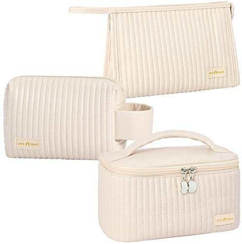 Linpr 3 Pièces Trousse Maquillage Femme, Grande Trousse de Toilette Voyage pour Fille, Trousse de Maquillage Rayée en Cuir PU, Jolie Pochette de Maquillage pour Femmes et Filles (Blanc)