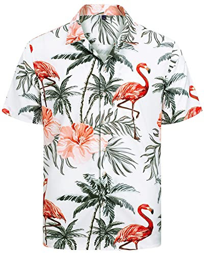 J.VER Chemise hawaïenne à manches courtes pour homme - Chemise d'été décontractée - Flamant rose - Chemise de plage - Infroissable - Boutonnée - Manches courtes - Chemise hawaïenne - Sans plis,
