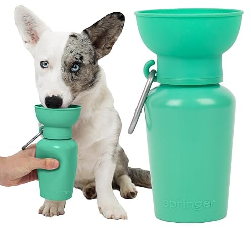Springer Flip Portable Dog Water Bottle with Foldable Food Grade Silicone Bowl - 568ml Travel Dog Water Bottle Ideal for Camping - Easy Squeeze Hydration & Release to Drain
