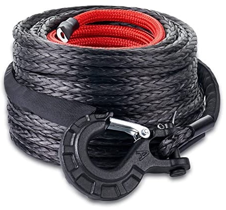 Carforu Synthetic Winch Rope 3/8'' x 100ft, 25000LBS, Compatible with ATV, UTV, SUV, Truck, Boat, Black, With Winch Hook
