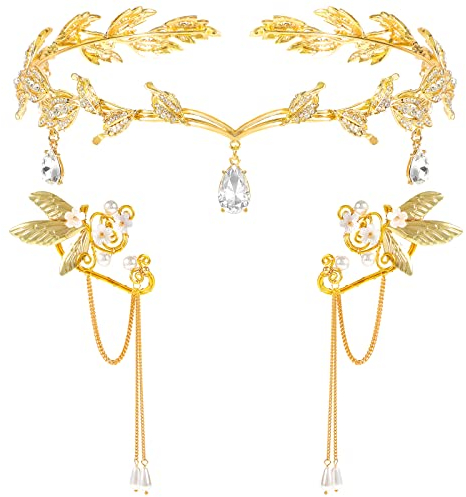 Hifot Elfen Ohrringe Tiara Set für Damen, Elfen Krone Kopfschmuck Fee Pixie Elf Ohren Ohrclips für Elben Cosplay Hochzeit Halloween Karneval Kostüm