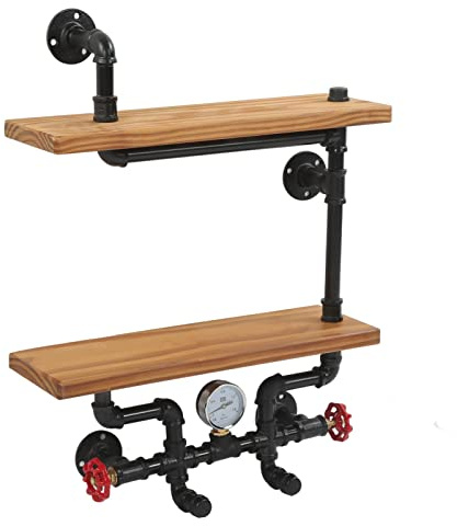 TOPINCN Wall Mounted Industrial Steel Pipe Rack Wood Shelf Hanging Bookshelf Bookcase 2 Tiers Storage Shelf for Kitchen Living Room Bedroom Cooling Racks Baking Tools Accessories