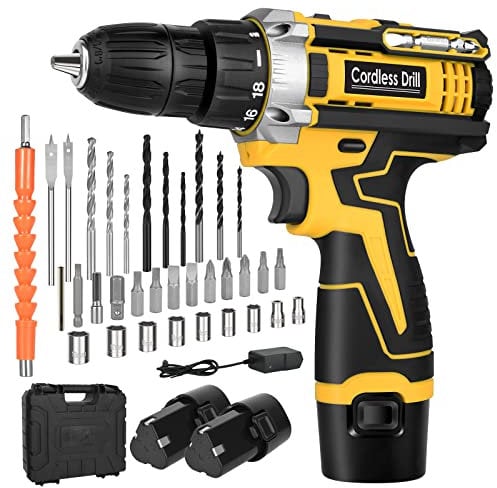 Yemetey Cordless Drill Driver 12V, Electric Screwdriver with 2 Batteries 1.5Ah, 35 Nm Torque, 2-Speed, 18 + 1 Torque Setting, 3/8Chuck, LED Light, 34Pcs Accessories and Case, for Repair & DIY