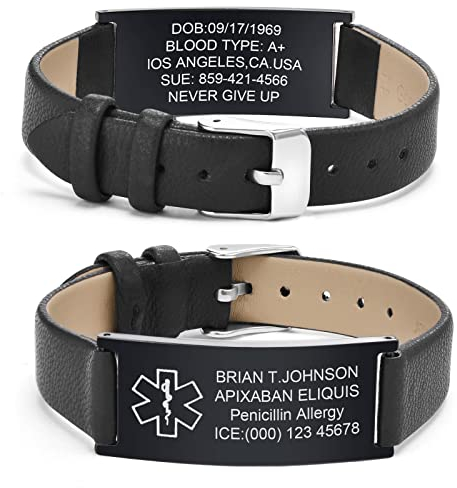 Notfallarmband Medizinisches Armband Herren Personalisierte : Notfall Schmuck Gravur Ice Name Allergien Diabetes Epilepsie Armbänder Schwarz Lederband Medizinische Alarm Armband für Männer Jungen