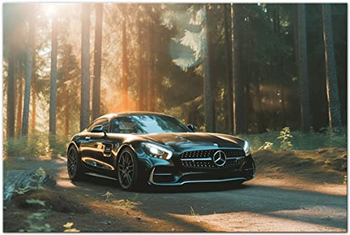 Printonia Leinwand-bild 120x80cm Mercedes AMG GT GTR im Wald Abstrakt Art Bilder Dekoration Wandbild Kunstdruck Sportwagen Automobil Deko