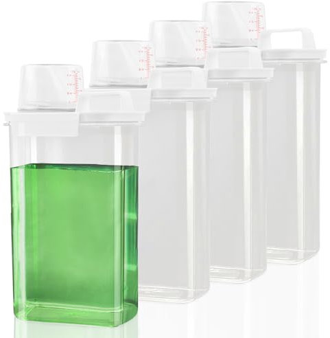 Dispenser per detersivo per bucato, confezione da 4 dispenser per sapone da 2,2 l, porta detersivo per bucato con coperchio, per riporre lavanderia, supporto ammorbidente e grande capacità di