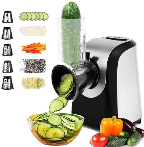 Meykey Taglia Verdure Elettrico Taglierina elettrica per verdure Grattugia elettrica per verdure e frutta, Grattugia per formaggio, 5 Lame, 150W L