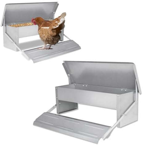 SUBTLETY 5kg Futterautomat Hühner mit Wasserfest Deckel und Selbstöffnend Pedal Automatischer Futterspender aus Verzinkter Stah Rattensicher Futtertrog Hähnchen Feeder für Hühner Enten Gänsen Tauben