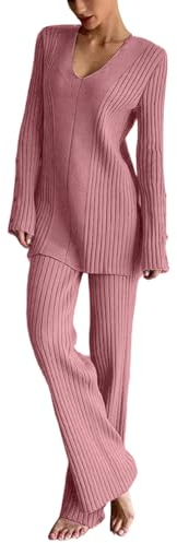 Einfarbiges Strick-Set für Damen, langärmelig, Oberteil, lange Hose, lässiges Set für Damen, rot, 36