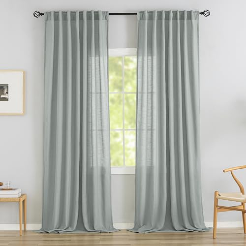 Extra lange Leinen-Vorhänge für Wohnzimmer – 2 Paneele mit Schlaufen auf der Rückseite, neutrale Bauernhaus-Boho-Vorhänge, halbsichtbar, Leinenvorhänge, 300 cm lang, vom Boden bis zur Decke für
