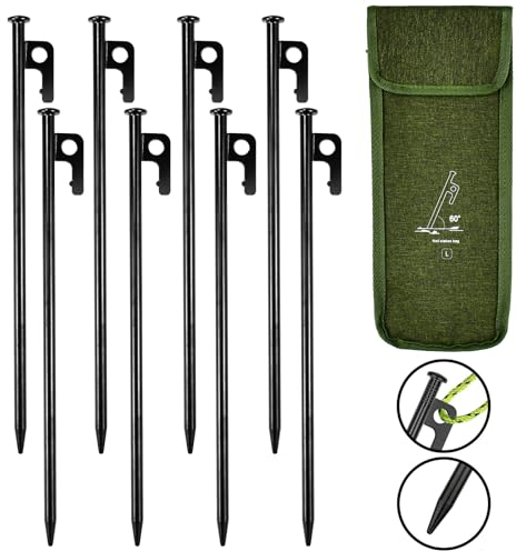 Tent Pegs, AFASOES 8 Pcs Heavy Duty Camping Pegs 30cm Ground Pegs Black Camping Tent Stakes Steel Tent Nail with Durable Carrying Pouch for Outdoor Trip Hiking Gardening Large Hard Ground Rocky