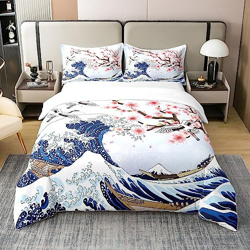 Homemissing Fleur de Cerisier Parure de lit 140x200cm 100% Coton Chic Crane Housse de Couette 100% Coton Enfants Vagues décoration Rose Ukiyo - e Japonais thème Ensemble avec 1 taie d'oreiller,