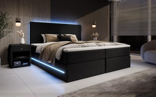 Boxspringbett Arito 120x200 Doppelbett Polsterbett Bett mit LED-Beleuchtung und Stauraum | Bezug: Stoff | Farbe: Schwarz | Härtegrad: H4 (100kg+)
