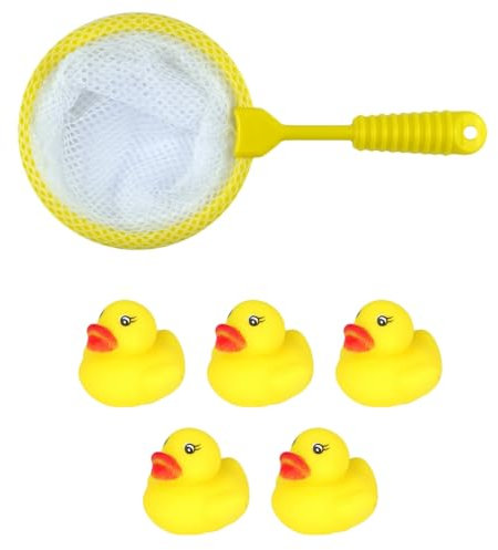 Mini Rubber Ducks 5 with Fishing Net Bath Toy Set - Fun Water Games for Kids, Perfect for Summer Paddling Pools and Baby Showers