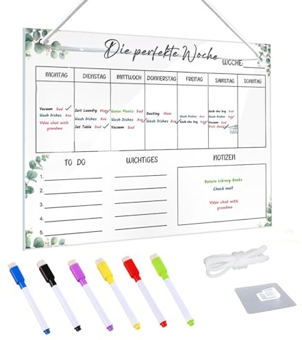 Wochenplaner Abwischbar, Wochenplaner Magnetisch Acryl, Essensplaner Woche, 30x20cm, Familienplaner, Planungstafeln Whiteboard mit 6 Wischmarker, 1 Haken, Weiße Schnur, Wochenkalender Planungstafel