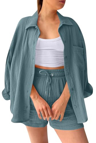 Urlaub Zweiteiler Damen Sommer Langarm Leinenhemd und Shorts Musselin Blusen Tuniken + Kurze Hose Herbst Mode Leicht Casual Lässig Outfit Two Piece Set Anzug Damen Elegant 2 Teiler Strand Kleidung