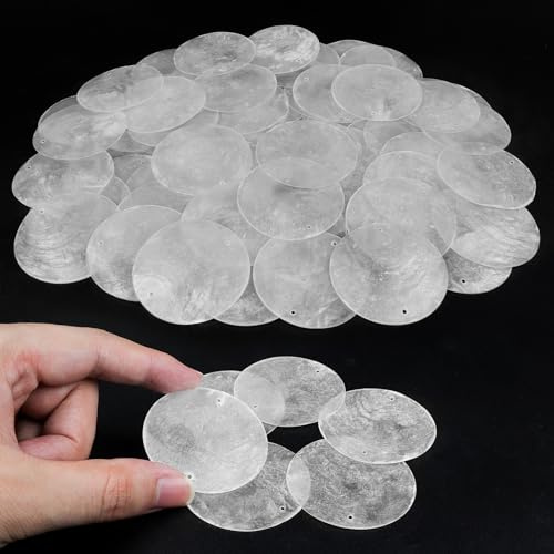 TaoQ C 60 Pièces Coquillages de Capiz Coquilles Naturelles Rondes, 5 CM Ronde en Coquillage de Capiz Coquillage de Capiz Blanc 2 Percés pour Carillons à Vent Guirlande DIY Mariage Maison Décor