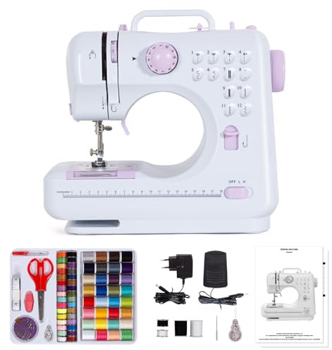 Todeco Machine à coudre portable avec tiroir, Machine à Coudre Débutant avec 12 programmes de couture, avec Kit Couture et pédales, Violet