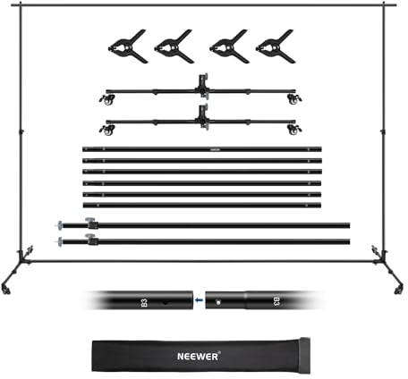 NEEWER Supporto per sfondo con ruote, resistente, con 6 barre trasversali, 2 pali telescopici, 2 basi telescopiche, 4 clip, borsa per il trasporto, per servizi fotografici, feste, matrimoni, NK-02
