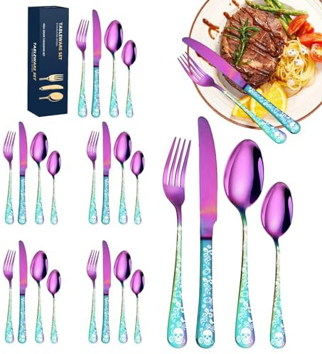 Buntes Besteck – Edelstahl-Besteck-Set, Camping-Besteck-Set | Spülmaschinenfeste, tragbare Küchengabeln und -löffel, Essutensilien für den Außenbereich, Totenkopf-Muster, für Zuhause, Camping, Outdoor