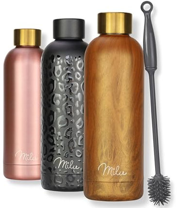 Milu Gourde Isotherme - Bouteille Isotherme - 500ml - Gourde INOX Bouche Standard - Gourde Sport Étanche - Gourde Enfant sans BPA - Brosse de nettoyage incluse (Wood, 500ml)