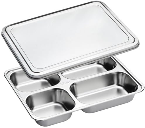 1set Stainless Steel Divided Dinner Plate with Lid Food Storage Container Fast Food Tray Container School Home Canteen Tray