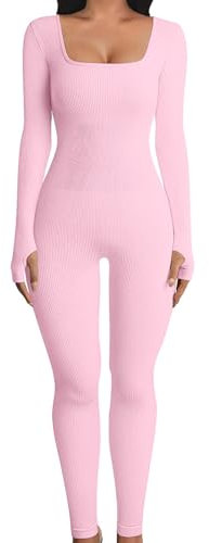 OYIGELZ Yoga Jumpsuit Damen Einteiligem Gerippte Strick Langarm Sport Workout jumpsuits Hosenanzug Trainingsanzug Eckigem Ausschnitt Figurbetontem Kuscheliger Overall(Hellrosa-J,S)