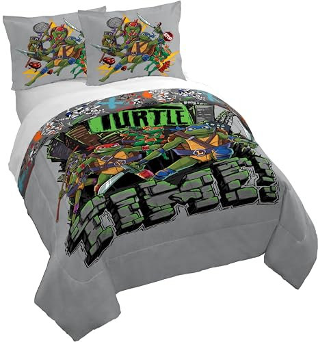 Jay Franco Nickelodeon Teenage Mutant Ninja Turtles Queen-Size-Bettbezug- und Kissenbezug-Set, Leonardo und Raphael, 3-teilig, superweich, gemütlich, grau, Kinderbettwäsche