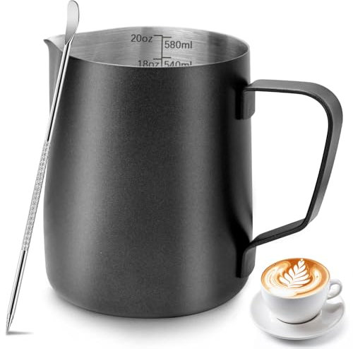 Milk Frothing Pitcher 20oz, Metal Barista Espresso Pitcher for Cappuccino Latte and Espresso, 304 Stainless Steel Coffee Tools Cup 600ml (Black